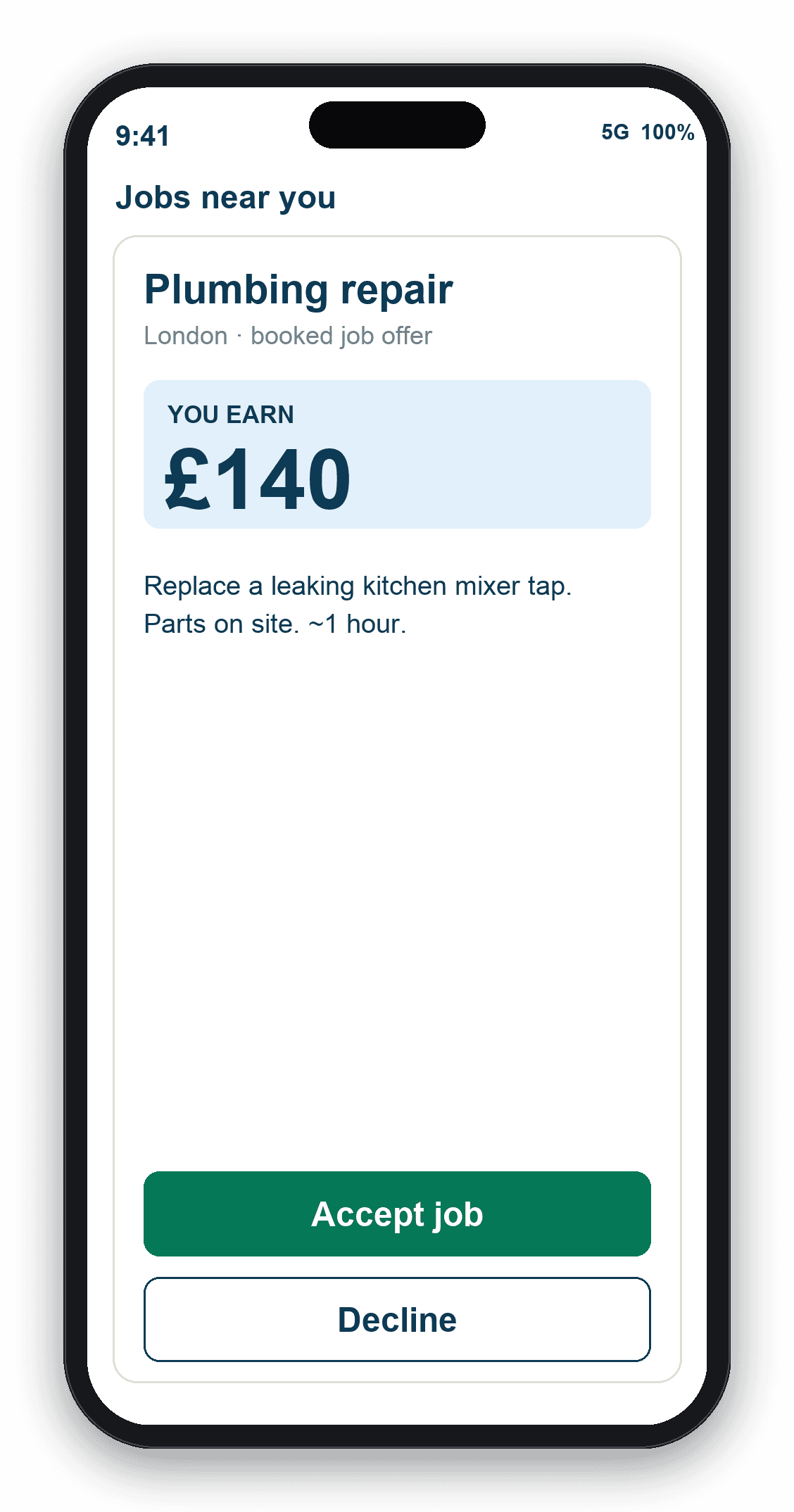 A booked job offer in the wefixico app, payout shown up front